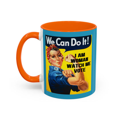 I Am Woman Watch Me Vote Rosie Turquoise Accent Mug by theGreenDragonTavern.shop