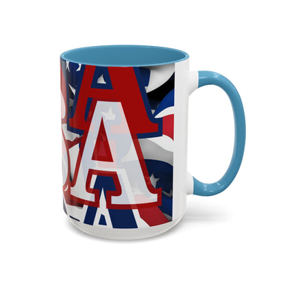 USA! USA! USA White font Patriot White Accent Mug by theGreenDragonTavern.shop