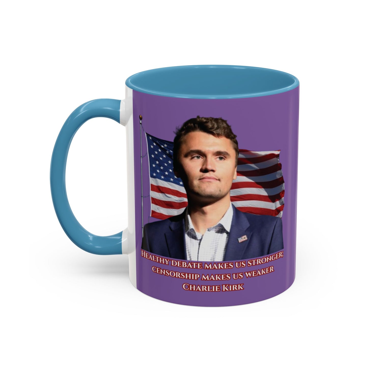 Charlie Kirk, Healthy Debate Light Purple Accent Mug by theGreenDragonTavern.shop