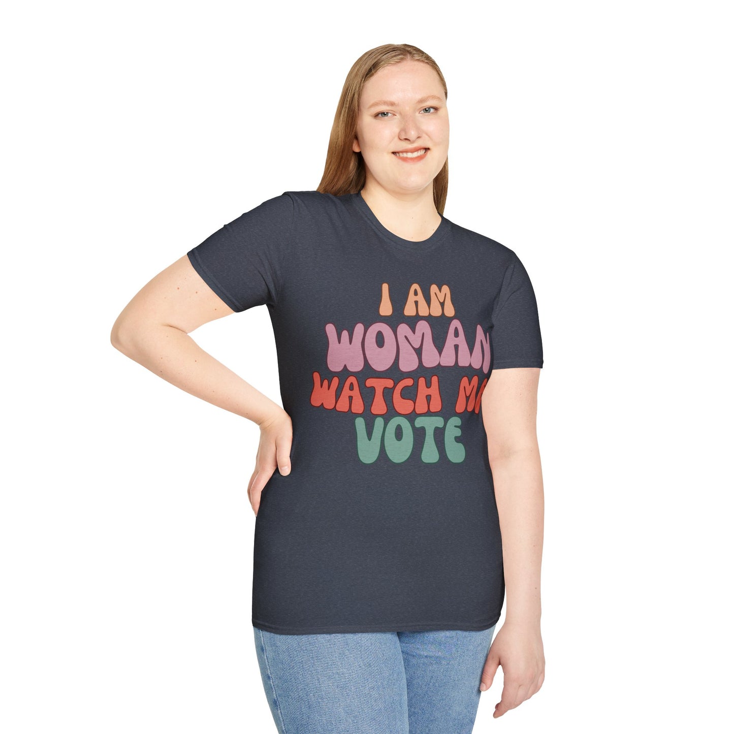 2-sided, I Am Woman Watch Me Vote Dark colors Unisex T-Shirt by theGreenDragonTavern.shop