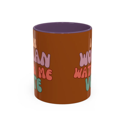 I Am Woman Watch Me Vote Brown Accent Mug by theGreenDragonTavern.shop