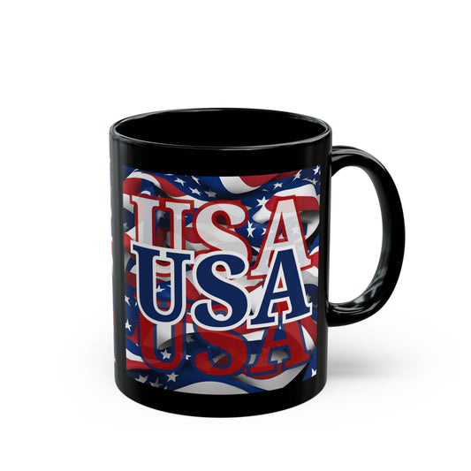 USA Blue font Center Patriot Black Mug by theGreenDragonTavern.shop