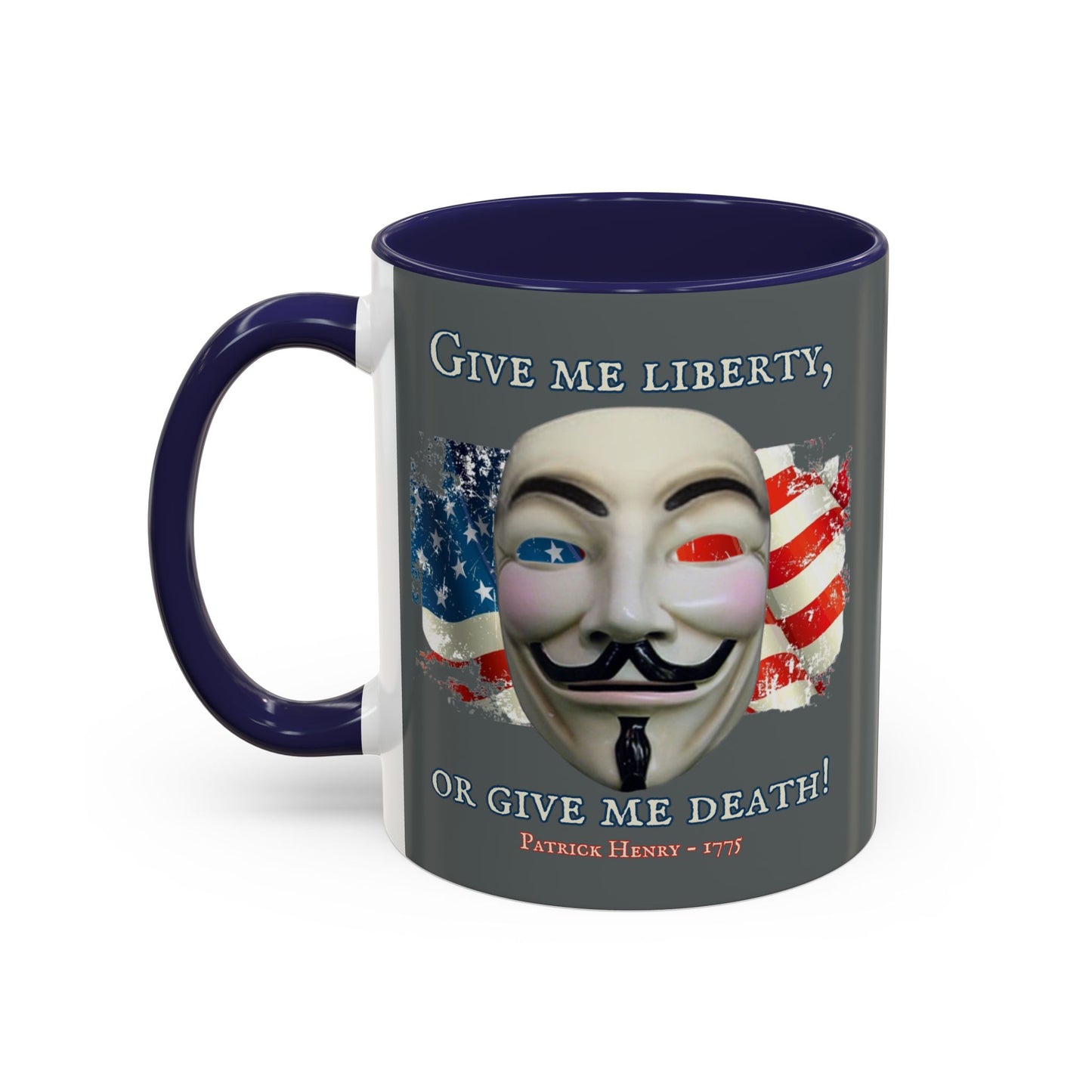 Vendetta, "Give me liberty, or give me death!" Grey Accent Mug by theGreenDragonTavern.shop
