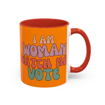 I Am Woman Watch Me Vote Orange Accent Mug by theGreenDragonTavern.shop