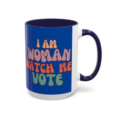 I Am Woman Watch Me Vote Dark Blue Accent Mug by theGreenDragonTavern.shop
