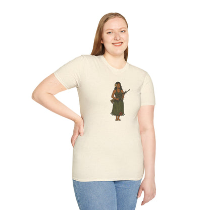 2-sided, Hula Girl Packin' Heat Light colors Unisex T-Shirt by theGreenDragonTavern.shop