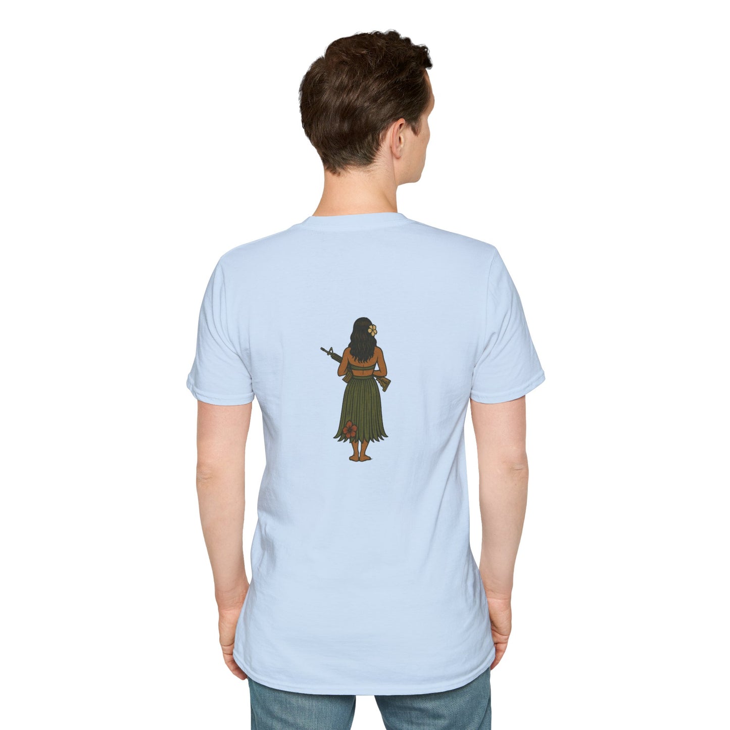 2-sided, Hula Girl Packin' Heat Light colors Unisex T-Shirt by theGreenDragonTavern.shop