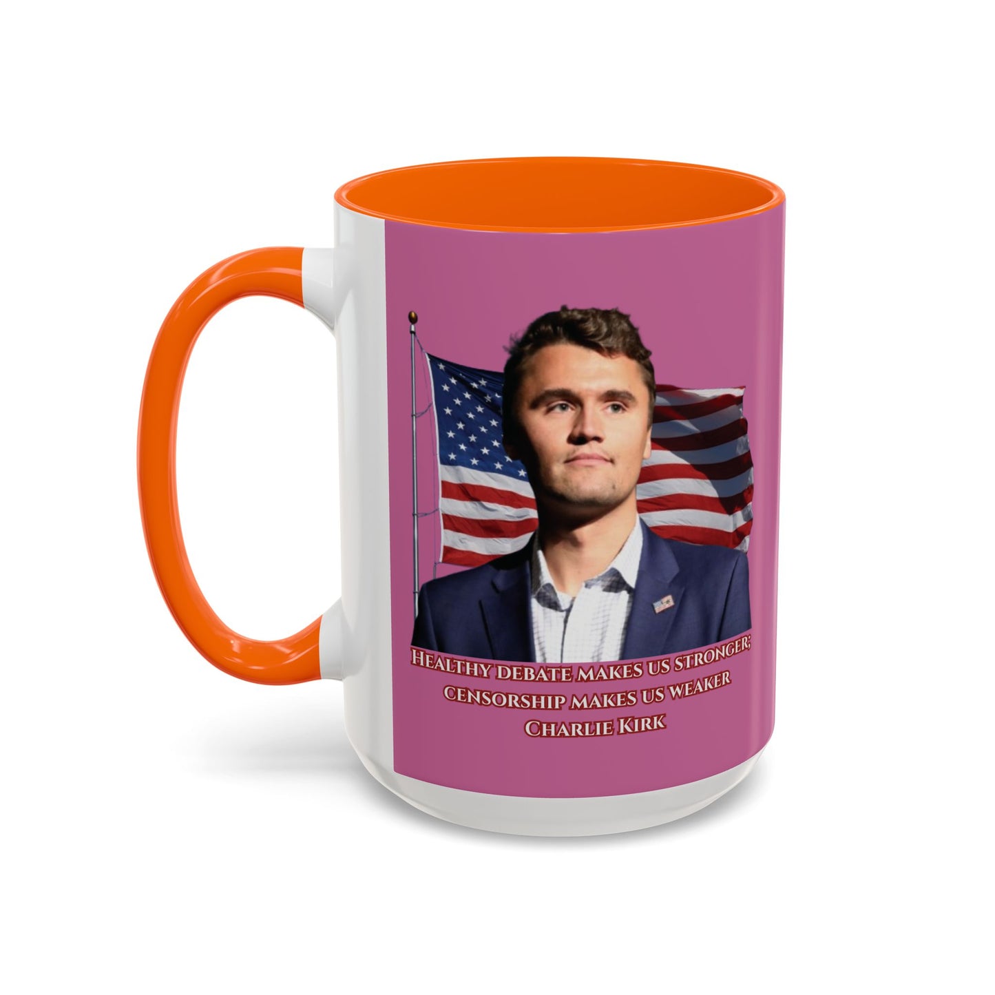 Charlie Kirk, Healthy Debate Pink Accent Mug by theGreenDragonTavern.shop