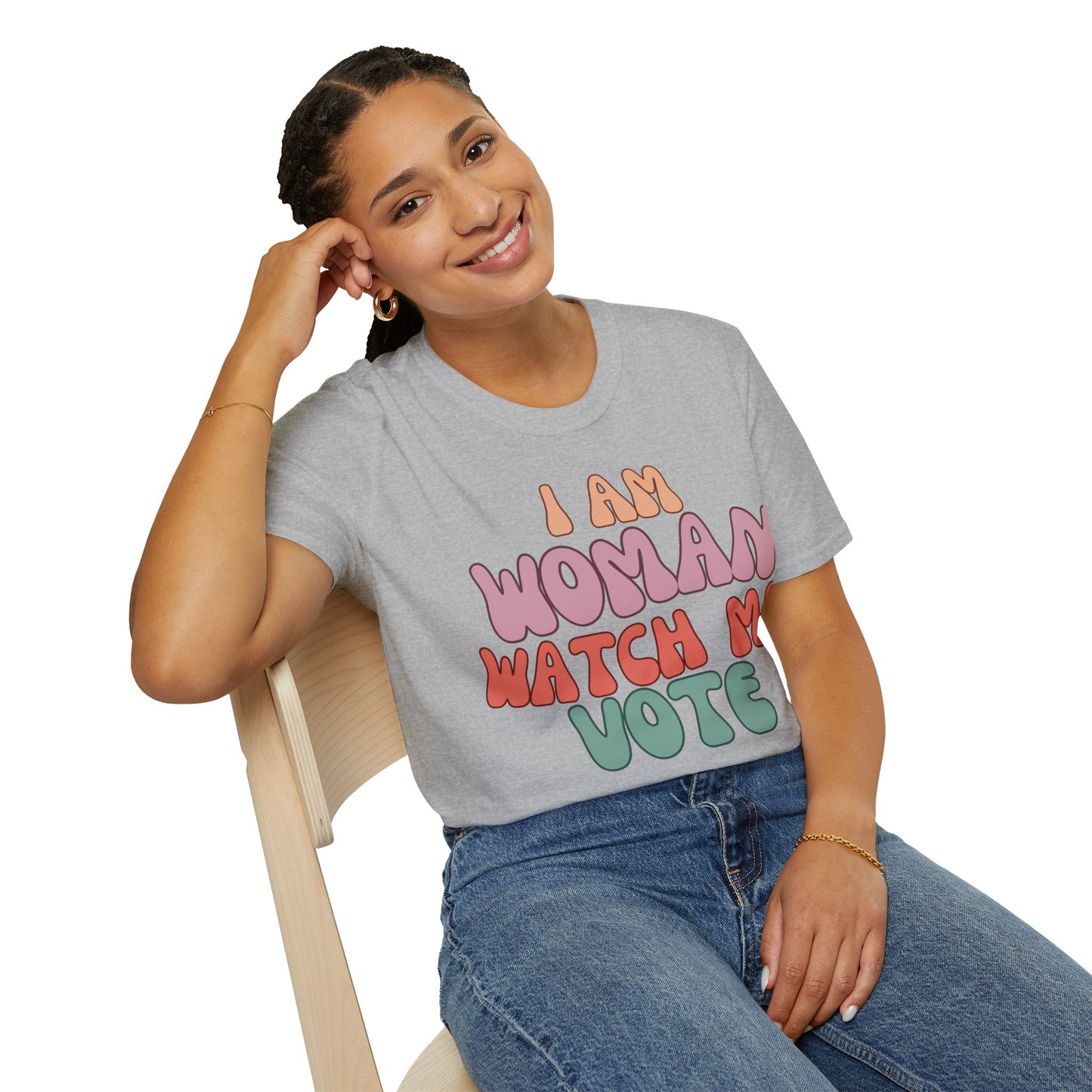 2-sided I Am Woman Watch Me Vote LTcolors Unisex T-Shirt by theGreenDragonTavern.shop