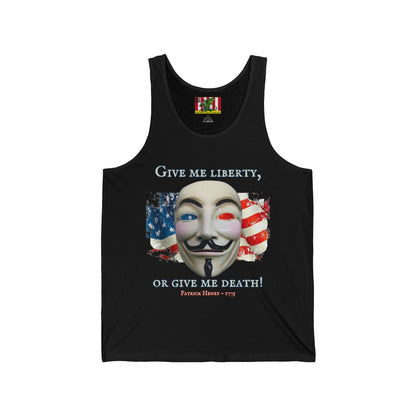 Vendetta, "Give me liberty, or give me death!" Unisex Jersey Tank Top by theGreenDragonTavern.shop