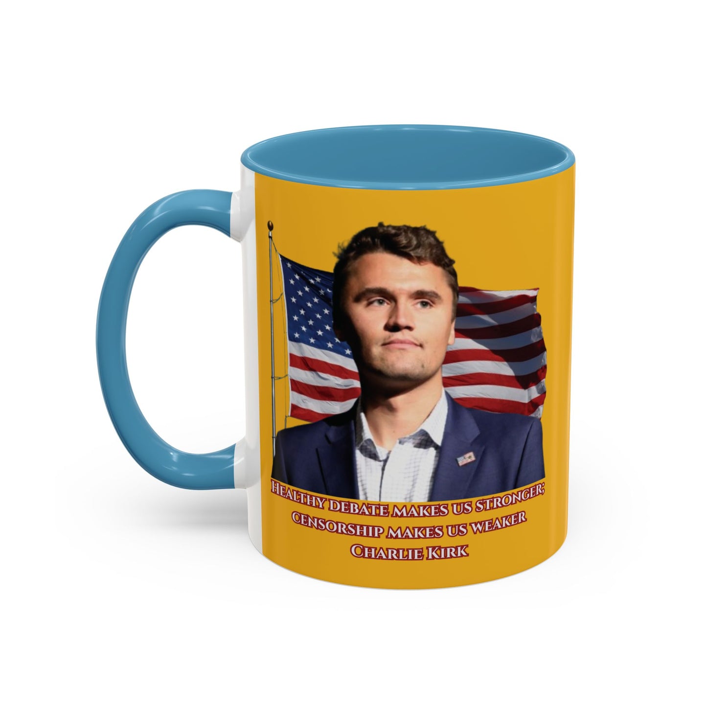 Charlie Kirk, Healthy Debate Yellow Accent Mug by theGreenDragonTavern.shop