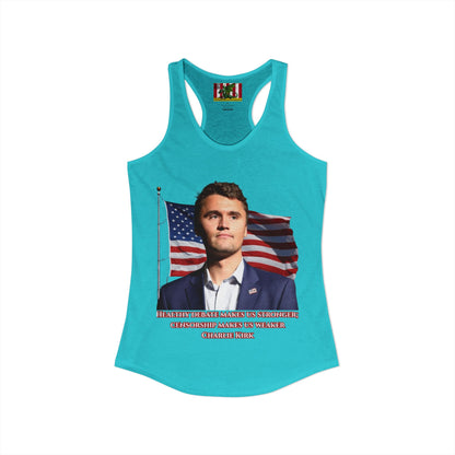 Charlie Kirk, Healthy Debate Women's Racerback Tank Top by theGreenDragonTavern.shop