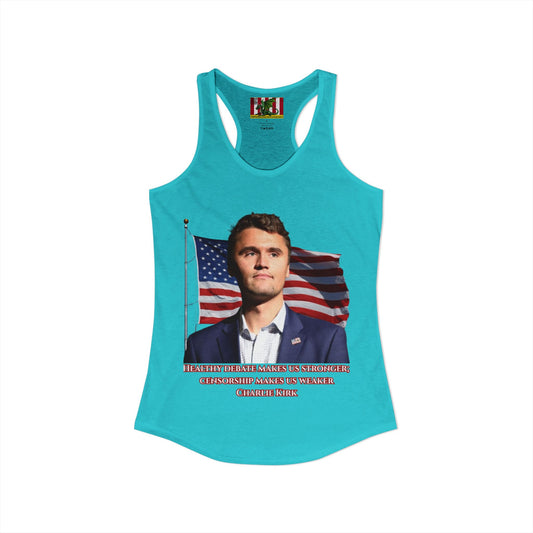 Charlie Kirk, Healthy Debate Women's Racerback Tank Top by theGreenDragonTavern.shop