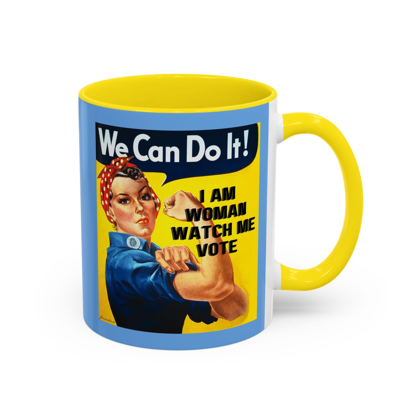 I Am Woman Watch Me Vote Rosie Light Blue Accent Mug by theGreenDragonTavern.shop