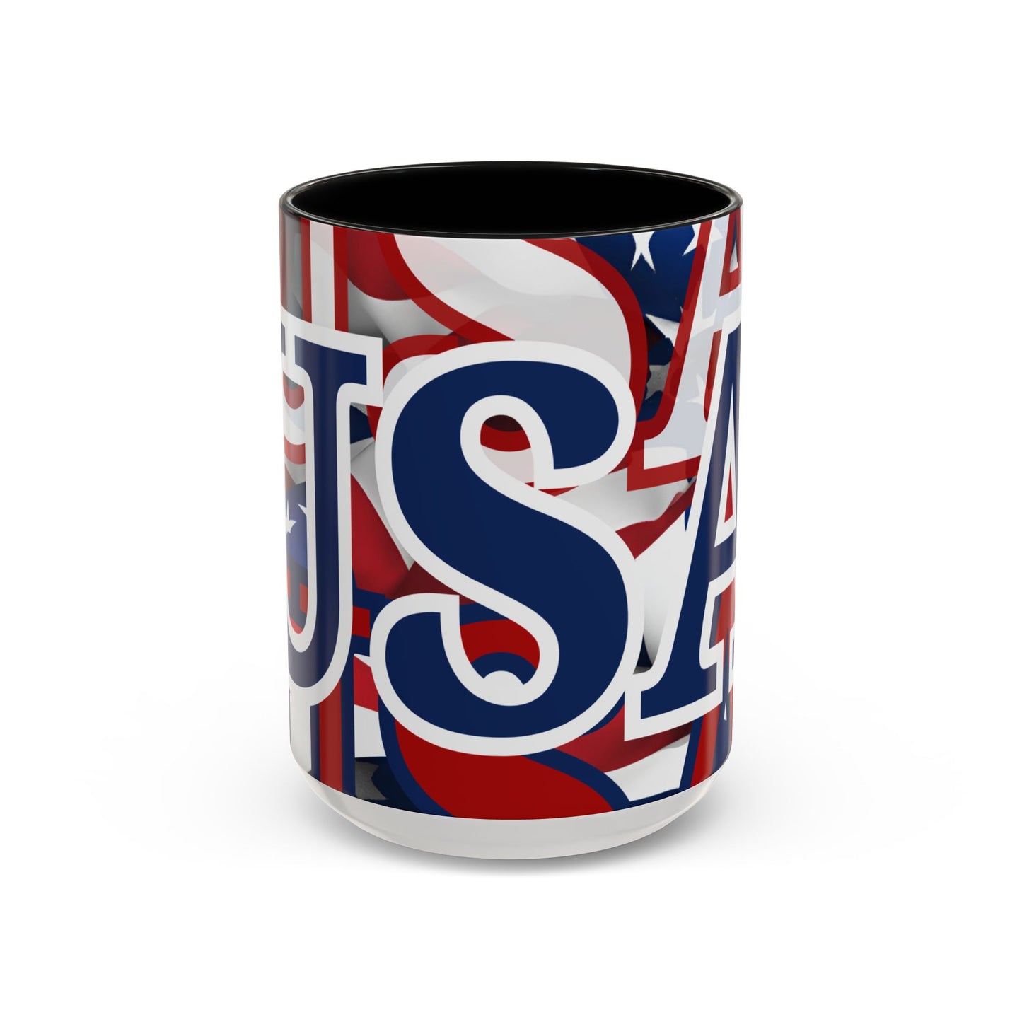 USA! USA! USA Blue font Patriot Black Accent Mug by theGreenDragonTavern.shop