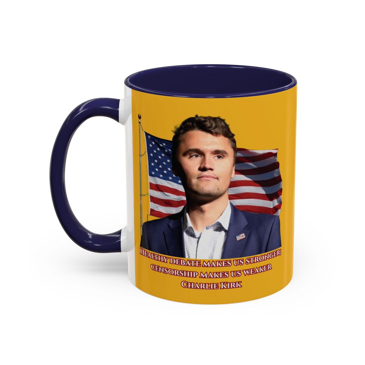 Charlie Kirk, Healthy Debate Yellow Accent Mug by theGreenDragonTavern.shop
