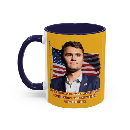 Charlie Kirk, Healthy Debate Yellow Accent Mug by theGreenDragonTavern.shop
