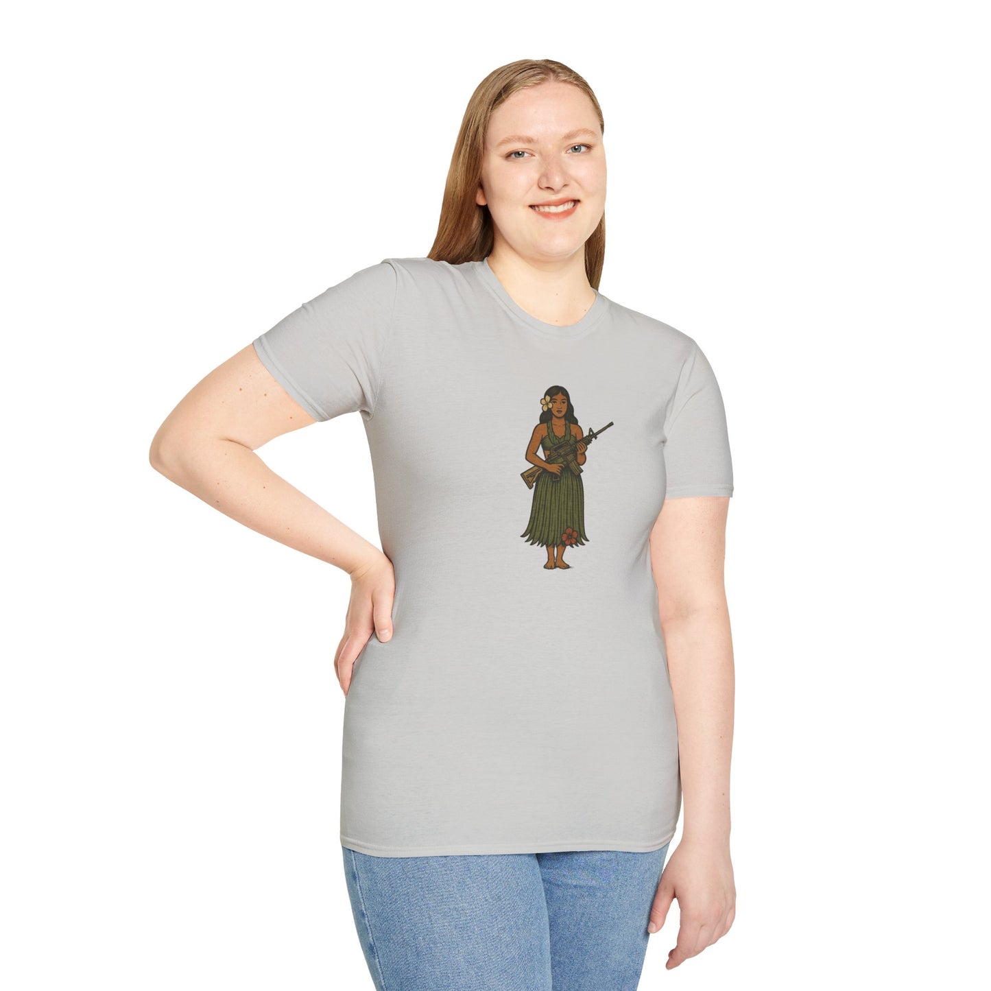 2-sided, Hula Girl Packin' Heat Light colors Unisex T-Shirt by theGreenDragonTavern.shop