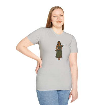 2-sided, Hula Girl Packin' Heat Light colors Unisex T-Shirt by theGreenDragonTavern.shop