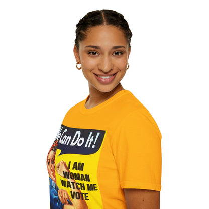 I Am Woman Watch Me Vote Rosie Light colors Unisex T-Shirt by theGreenDragonTavern.shop