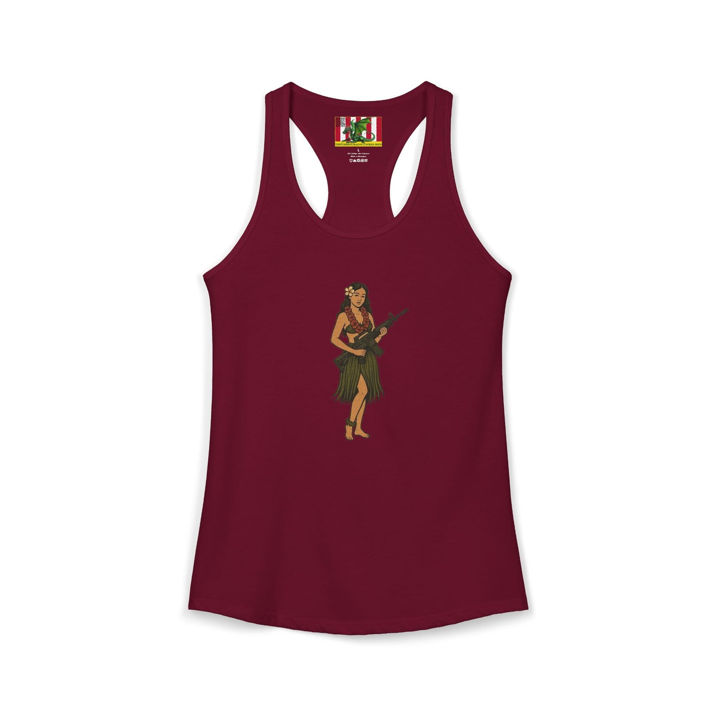 Hula Girl Packin' Heat Women's Racerback Tank Top by theGreenDragonTavern.shop