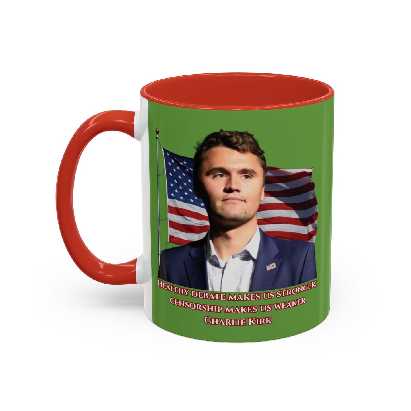 Charlie Kirk, Healthy Debate Green Accent Mug by theGreenDragonTavern.shop