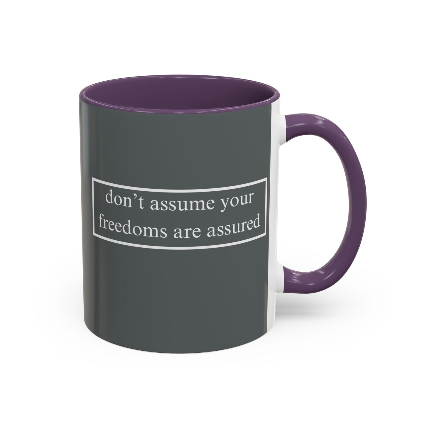 don't assume your freedoms are assured White font Grey Accent Mug by theGreenDragonTavern.shop