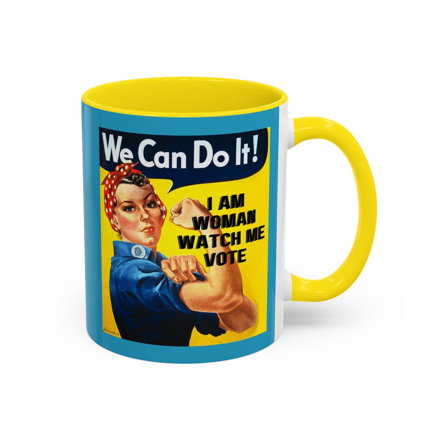 I Am Woman Watch Me Vote Rosie Turquoise Accent Mug by theGreenDragonTavern.shop