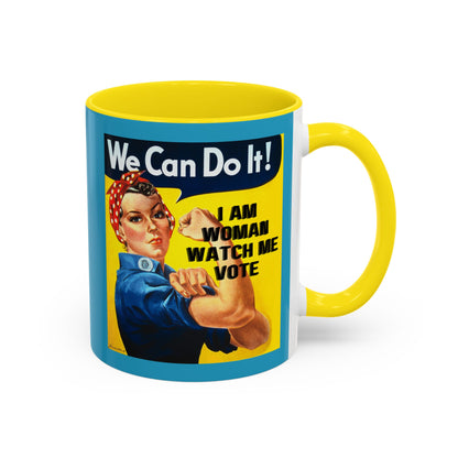 I Am Woman Watch Me Vote Rosie Turquoise Accent Mug by theGreenDragonTavern.shop