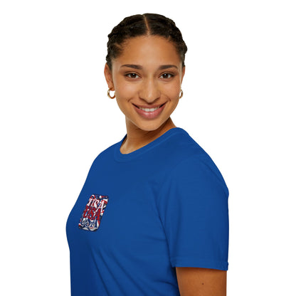 2-sided, RED White and Blue USA Patriot Dark colors Unisex T-Shirt by theGreenDragonTavern.shop