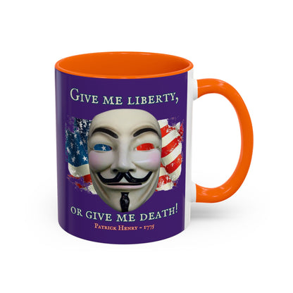 Vendetta, "Give me liberty, or give me death!" Purple Accent Mug by theGreenDragonTavern.shop