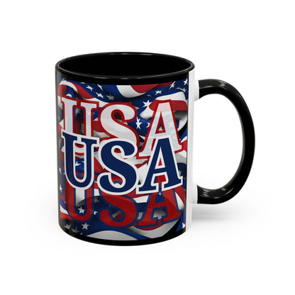 USA Blue font Center Patriot Black Accent Mug by theGreenDragonTavern.shop