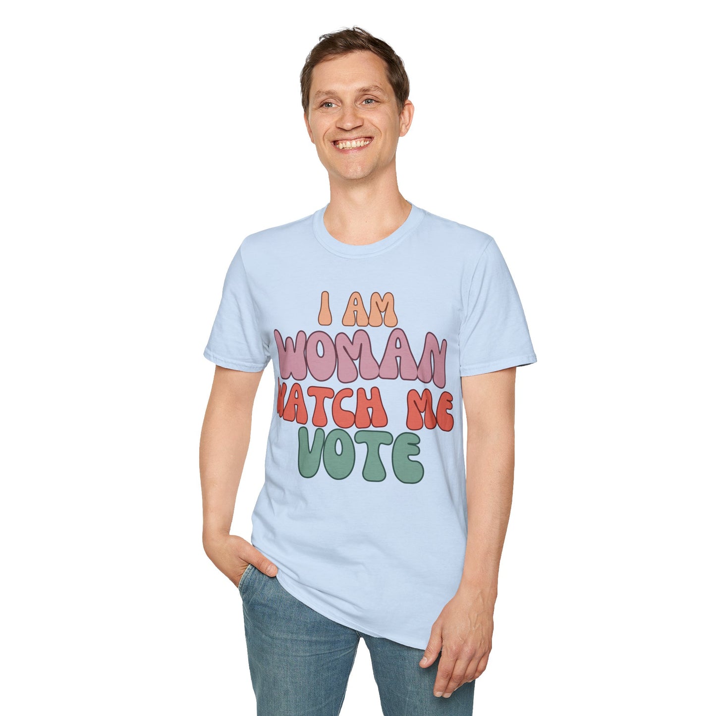 2-sided I Am Woman Watch Me Vote LTcolors Unisex T-Shirt by theGreenDragonTavern.shop