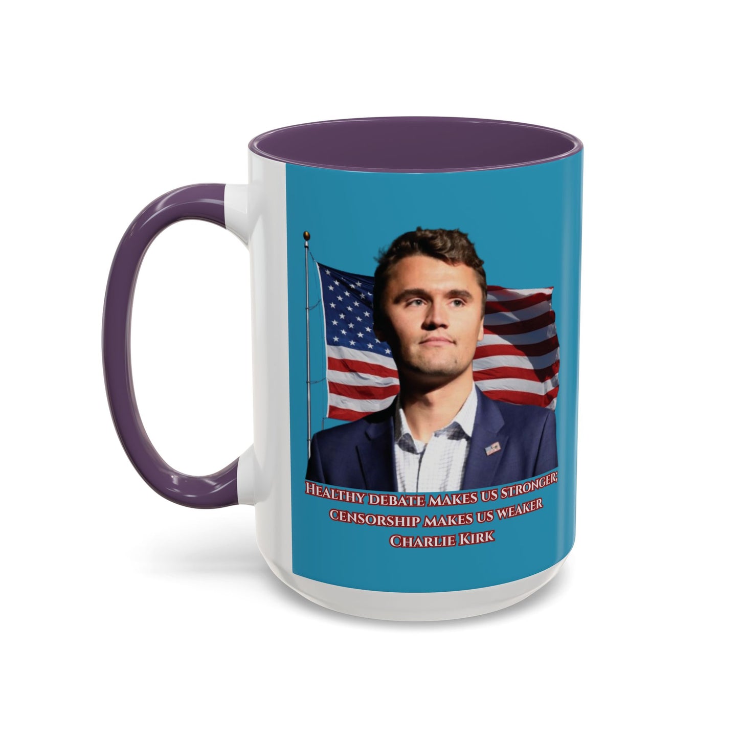 Charlie Kirk, Healthy Debate Turquoise Accent Mug by theGreenDragonTavern.shop
