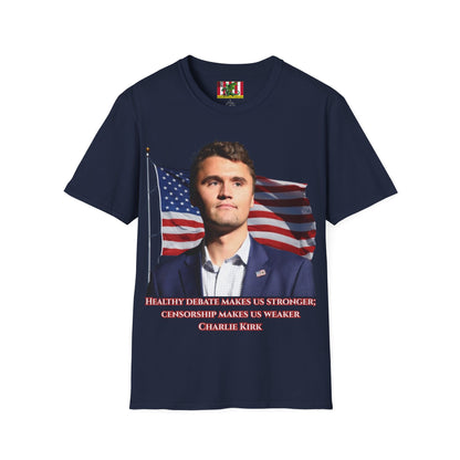Charlie Kirk, Healthy Debate Dark colors Unisex T-Shirt by theGreenDragonTavern.shop