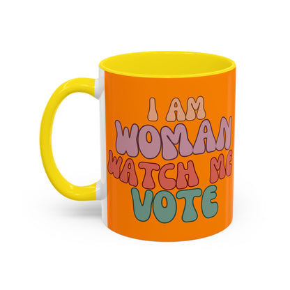 I Am Woman Watch Me Vote Orange Accent Mug by theGreenDragonTavern.shop