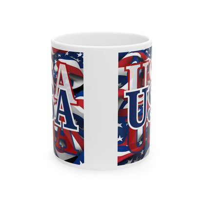 USA Blue font Center Patriot White Mug by theGreenDragonTavern.shop