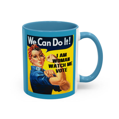 I Am Woman Watch Me Vote Rosie Turquoise Accent Mug by theGreenDragonTavern.shop