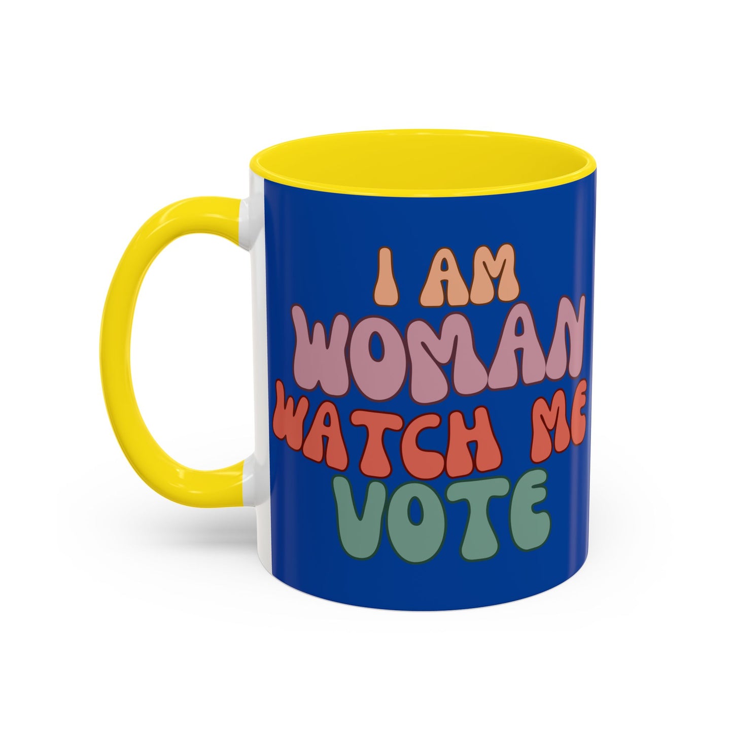 I Am Woman Watch Me Vote Dark Blue Accent Mug by theGreenDragonTavern.shop