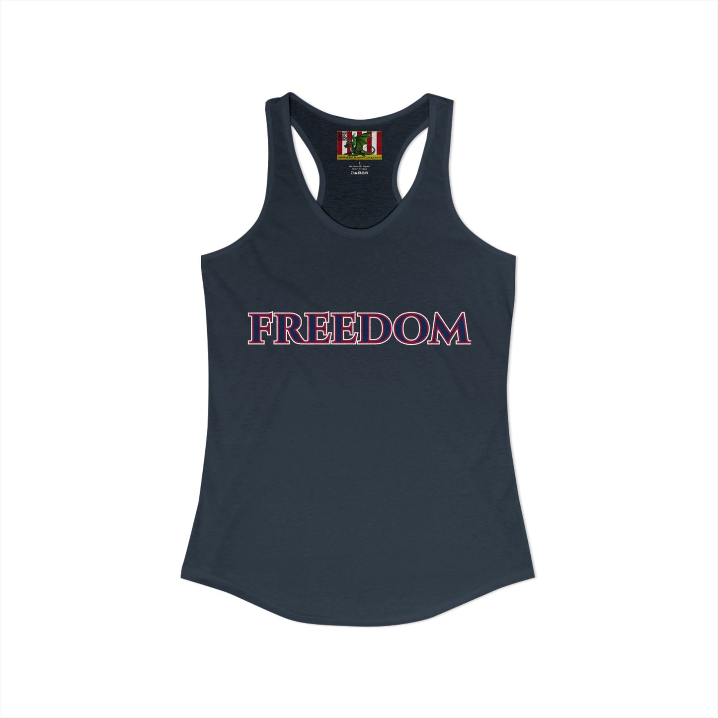 Freedom, Blue font Woman's Racerback Tank Top by theGreenDragonTavern.shop