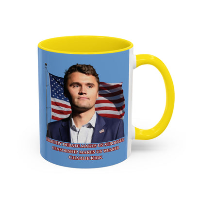 Charlie Kirk, Healthy Debate Light Blue Accent Mug by theGreenDragonTavern.shop