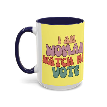 I Am Woman Watch Me Vote Yellow Accent Mug by theGreenDragonTavern.shop