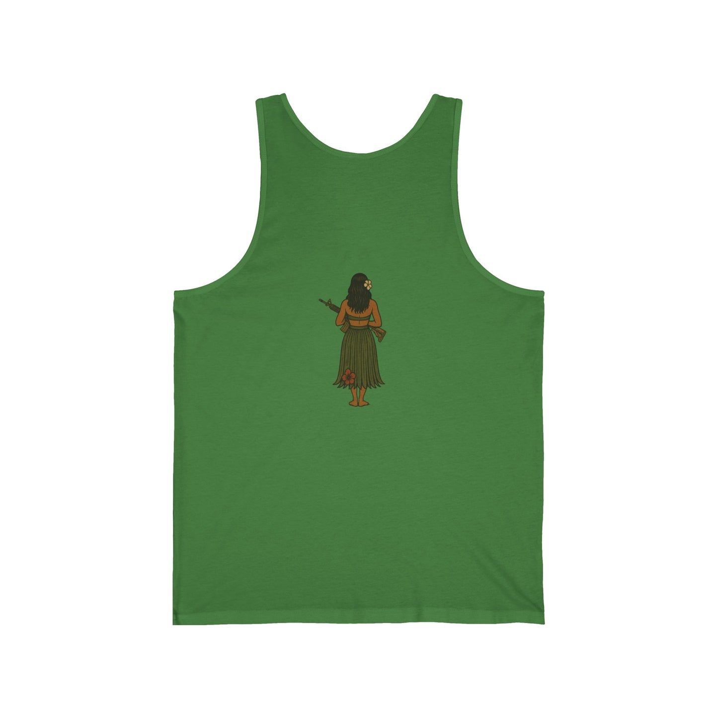 2-sided, Hula Girl Packin' Heat Unisex Jersey Tank Top by theGreenDragonTavern.shop