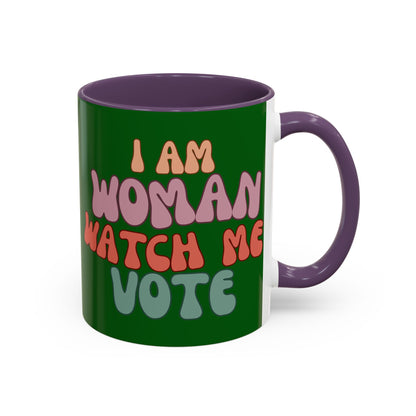 I Am Woman Watch Me Vote Dark Green Accent Mug by theGreenDragonTavern.shop