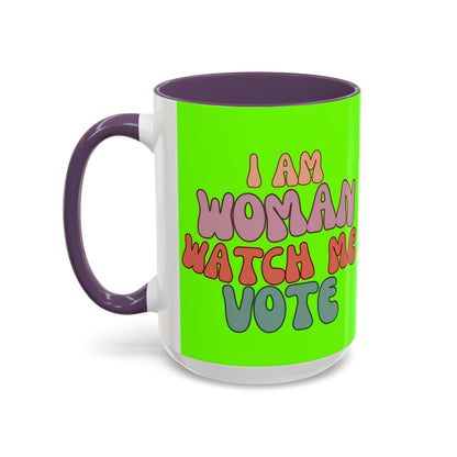 I Am Woman Watch Me Vote Light Green Accent Mug by theGreenDragonTavern.shop