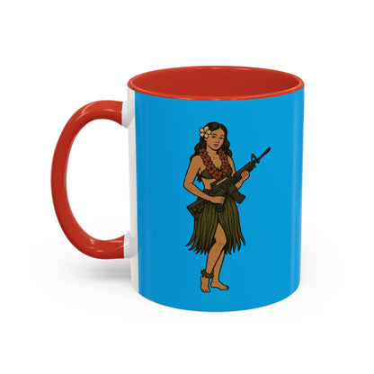 Hula Girl Packin' Heat Light Blue Accent Mug by theGreenDragonTavern.shop