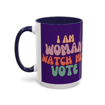 I Am Woman Watch Me Vote Dark Purple Accent Mug by theGreenDragonTavern.shop