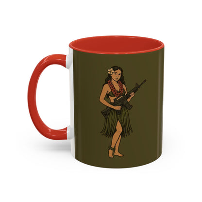 Hula Girl Packin' Heat Dark Green Accent Mug by theGreenDragonTavern.shop
