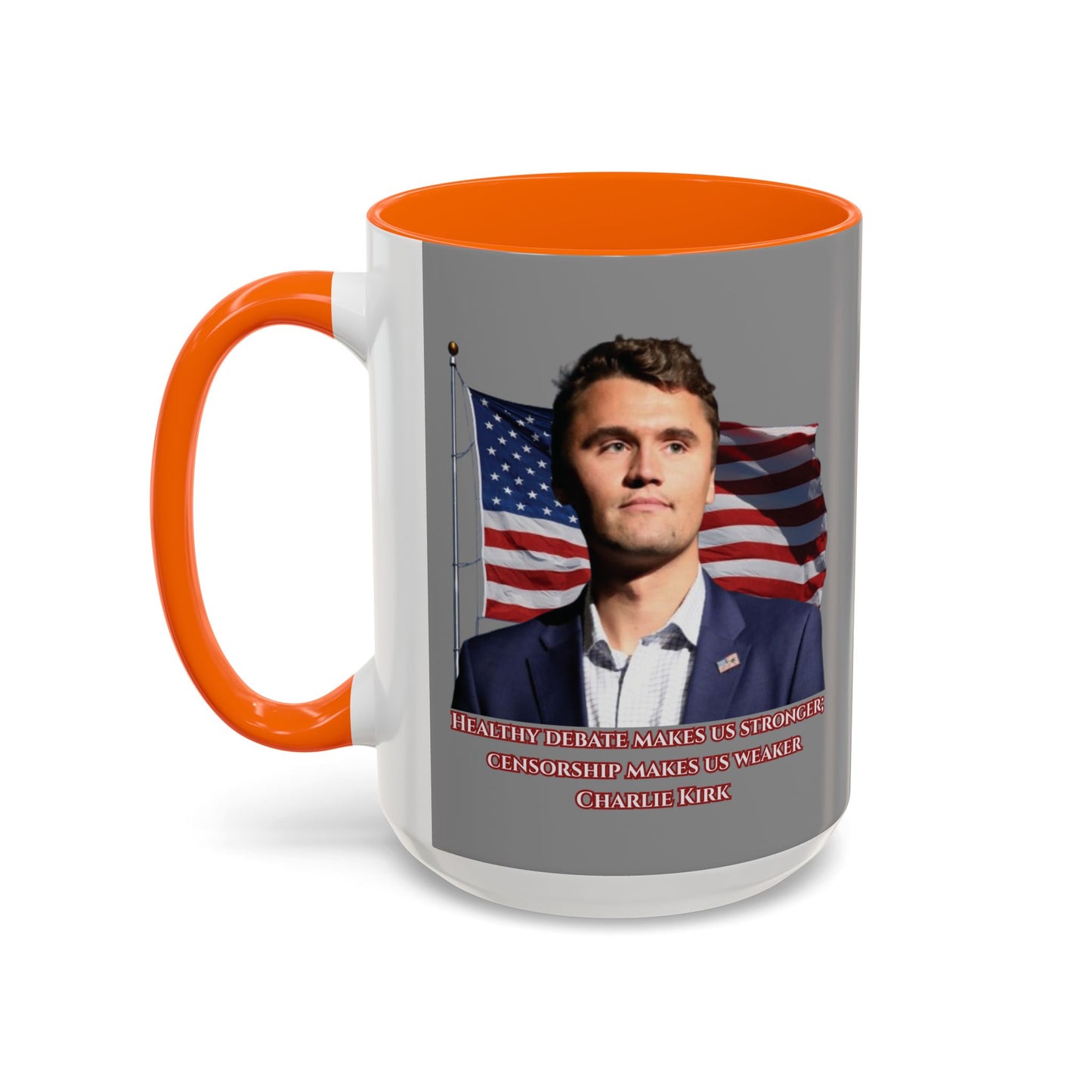 Charlie Kirk, Healthy Debate Grey Accent Mug by theGreenDragonTavern.shop