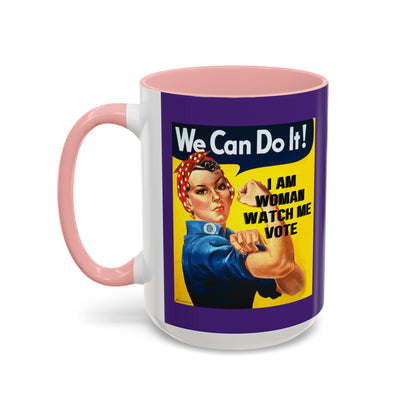 I Am Woman Watch Me Vote Rosie Dark Purple Accent Mug by theGreenDragonTavern.shop